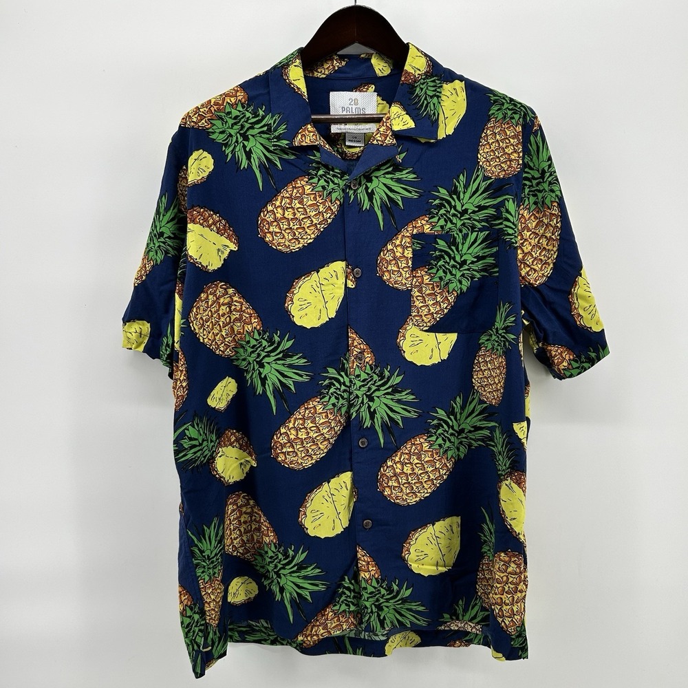 28 Palms Hawaiian Shirt Mens L Blue Pineapple Camp Collar Aloha Tropical Coastal
